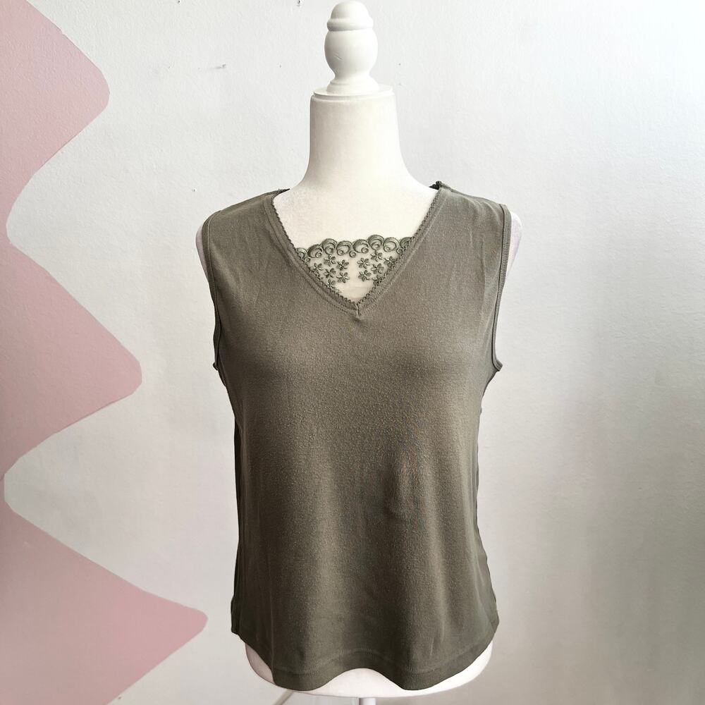 Vintage Olive Green Mesh Overlay Tank Top Y2K‎ 2000s Indie Sleaze Grunge Large